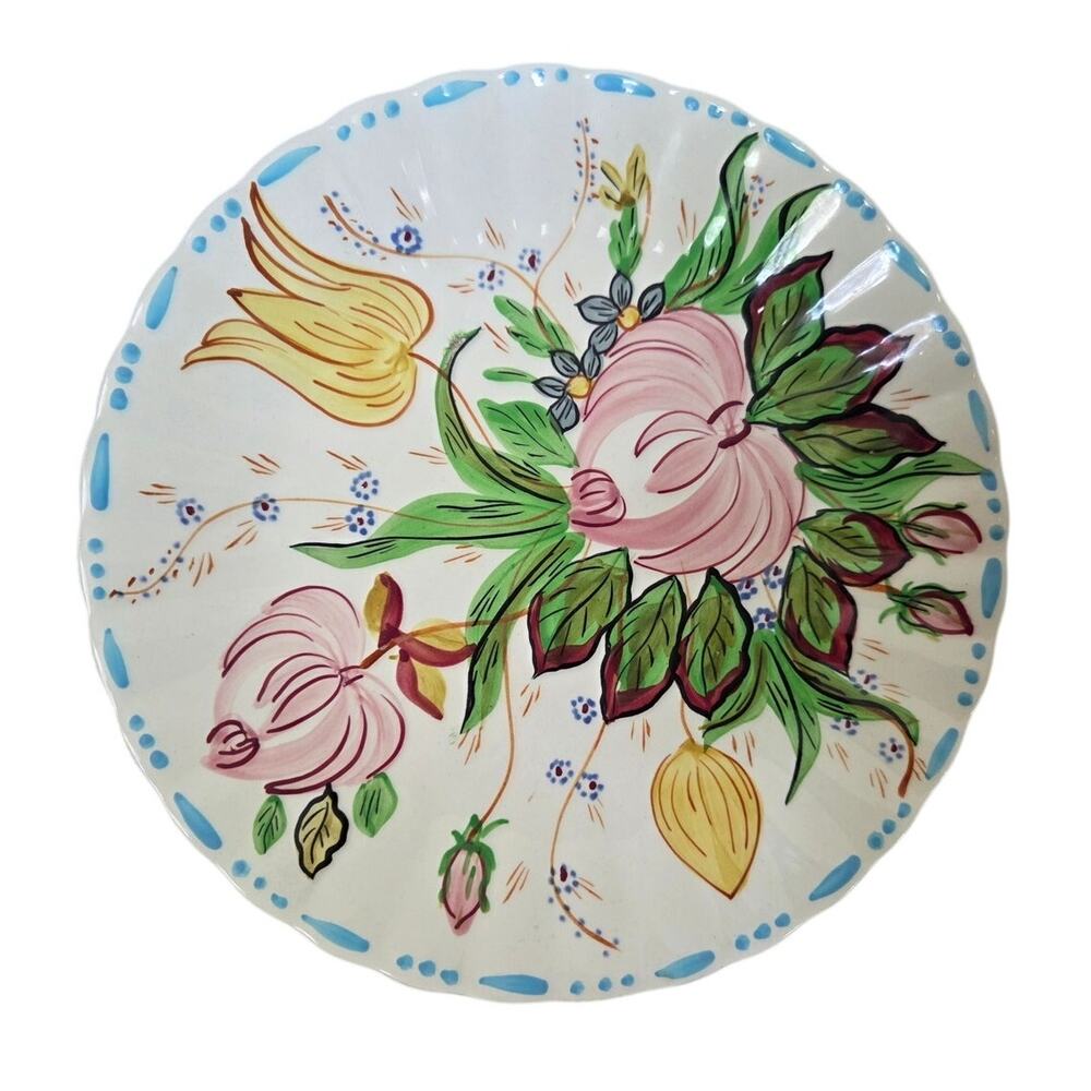 Vtg Blue Ridge Southern Pottery Pink Yellow Tulip Blue PLATE Flowers Ribbed